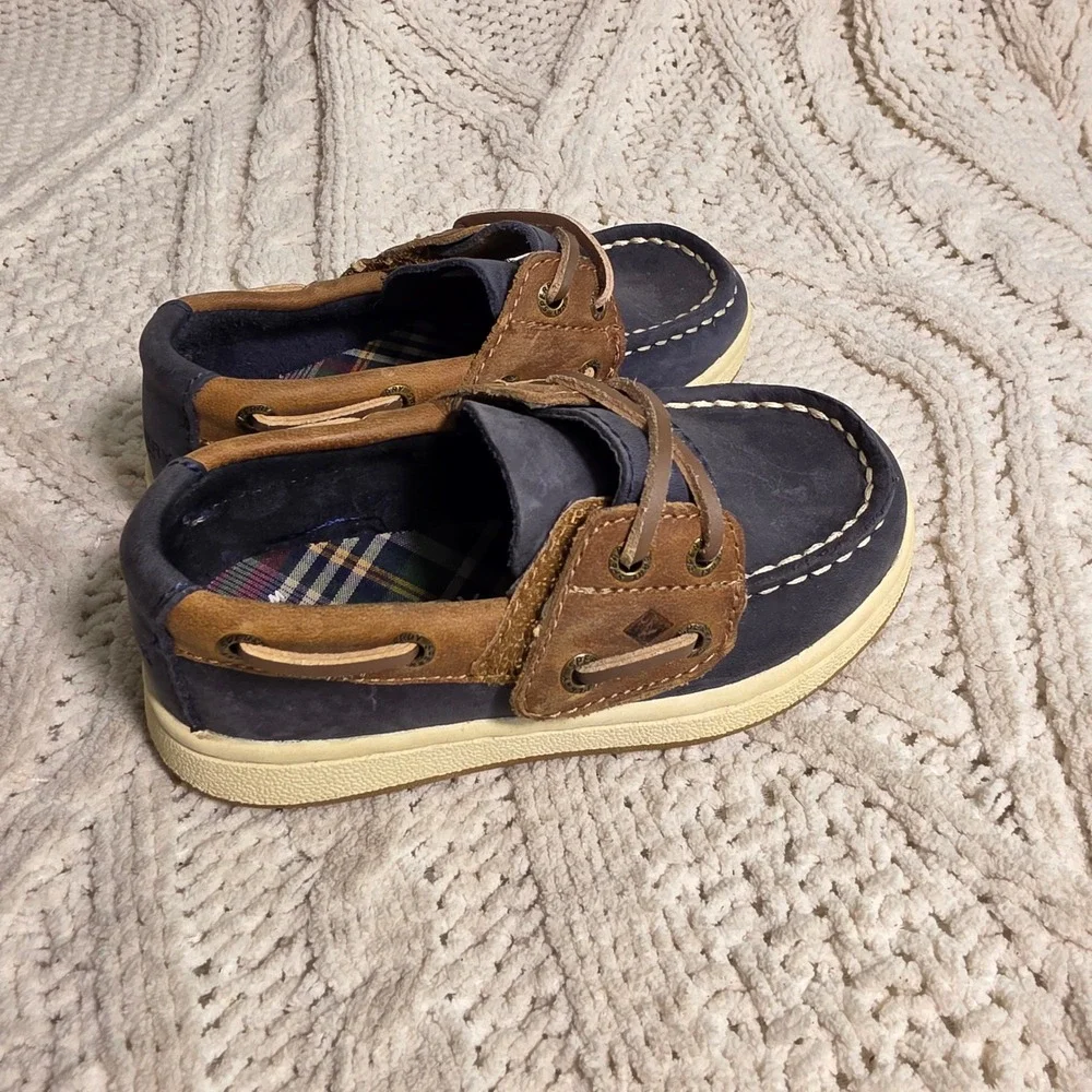 Mini Sperry Boat Shoes Navy Brown Leather Plaid Memory Foam Baby Toddler Boy 8